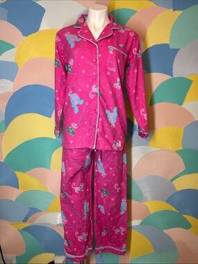 Vintage Kanji feline fabulous Pink Cat Print Pajama Set hundred percent cotton
